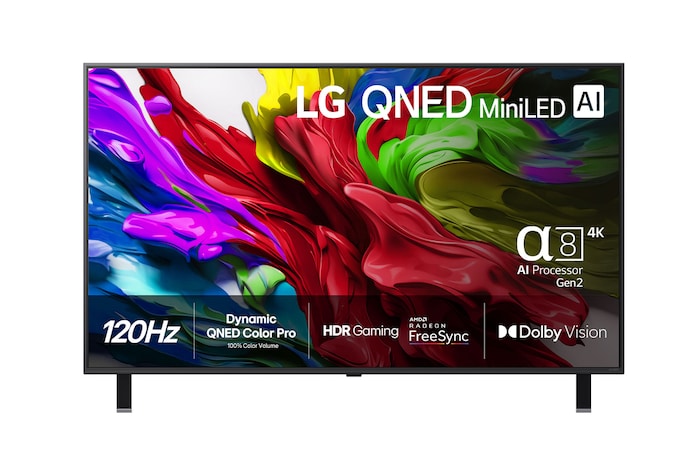 Vy framifrån av LG QNED evo TV, LG QNED evo Al-logotyp i det övre vänstra hörnet på TV:n. LG QNED evo TV visar färgglada målarfärgliknande strukturer som går ihop i rött, gult, grönt, blått och lila.