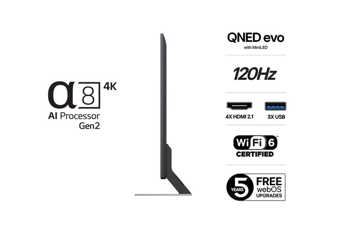 Vy från vänster av LG QNED evo TV.