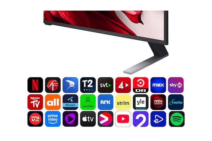 Vy framifrån och från sidan av LG QNED evo AI 4K Smart TV som visar dess längd, bredd, höjd och djupdimensioner.