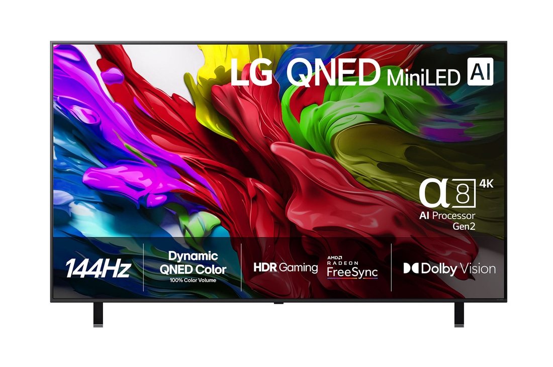 Vy framifrån av LG QNED evo TV, LG QNED evo Al-logotyp i det övre vänstra hörnet på TV:n. LG QNED evo TV visar färgglada målarfärgliknande strukturer som går ihop i rött, gult, grönt, blått och lila.