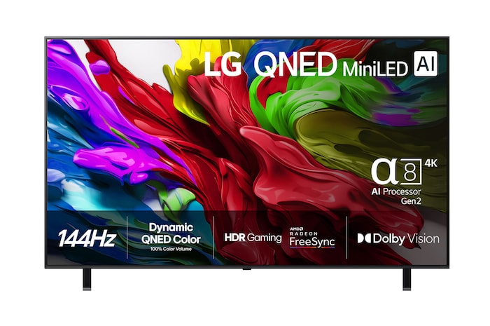 Vy framifrån av LG QNED evo TV, LG QNED evo Al-logotyp i det övre vänstra hörnet på TV:n. LG QNED evo TV visar färgglada målarfärgliknande strukturer som går ihop i rött, gult, grönt, blått och lila.