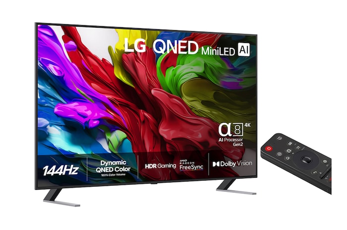 Något vinklad bild från höger av LG QNED evo TV.