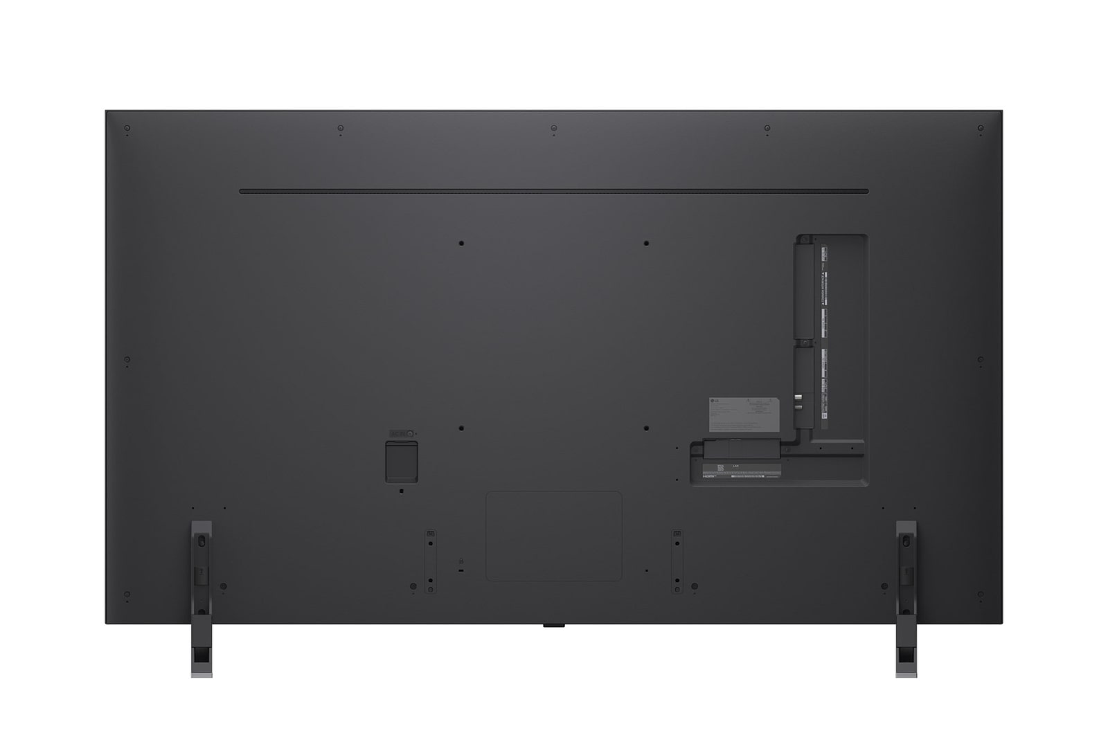 Vy framifrån och från sidan av LG QNED evo AI 4K Smart TV som visar dess längd, bredd, höjd och djupdimensioner.