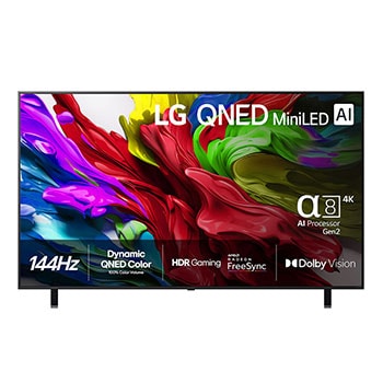 Vy framifrån av LG QNED evo TV, LG QNED evo Al-logotyp i det övre vänstra hörnet på TV:n. LG QNED evo TV visar färgglada målarfärgliknande strukturer som går ihop i rött, gult, grönt, blått och lila.