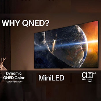 En flicka och en hund sitter framför en LG QNED TV monterad på en vägg som visar tre elefanter som går utåt ovanför en LG Soundbar. En kort text beskriver hur varje handling är mer spännande på en stor skärm. 