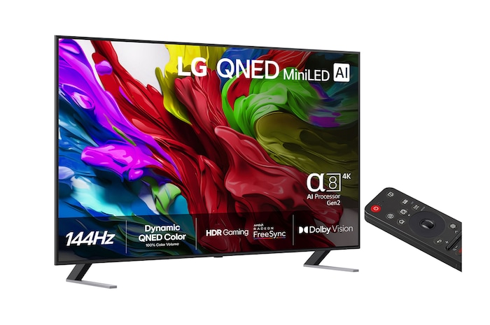 Något vinklad bild från höger av LG QNED evo TV.