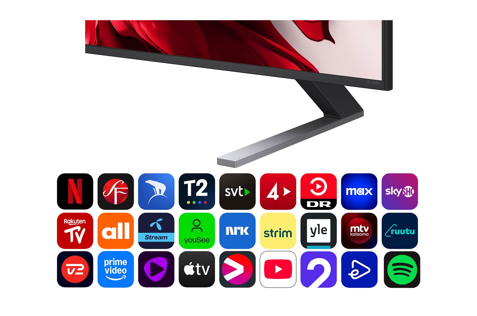 Vy från vänster av LG QNED evo TV.