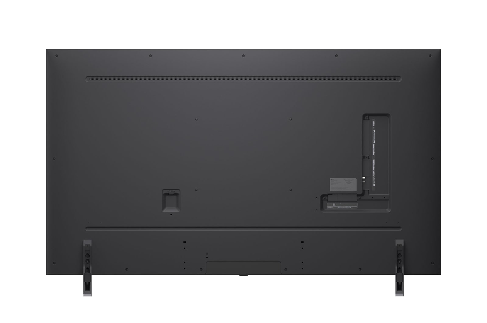 Vy framifrån och från sidan av LG QNED evo AI 4K Smart TV som visar dess längd, bredd, höjd och djupdimensioner.