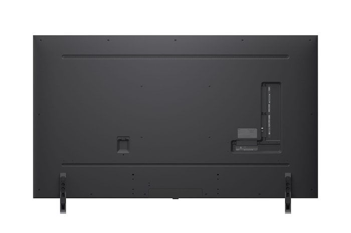 Vy framifrån och från sidan av LG QNED evo AI 4K Smart TV som visar dess längd, bredd, höjd och djupdimensioner.