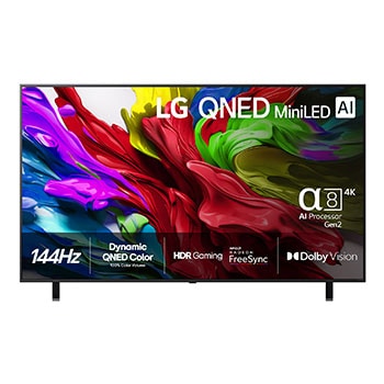 Vy framifrån av LG QNED evo TV, LG QNED evo Al-logotyp i det övre vänstra hörnet på TV:n. LG QNED evo TV visar färgglada målarfärgliknande strukturer som går ihop i rött, gult, grönt, blått och lila.