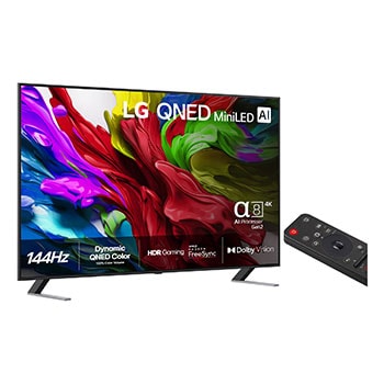 Något vinklad bild från höger av LG QNED evo TV.