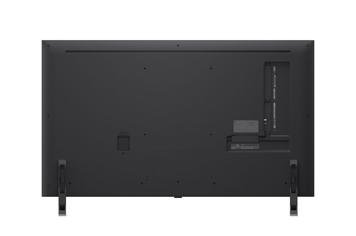 Vy framifrån och från sidan av LG QNED evo AI 4K Smart TV som visar dess längd, bredd, höjd och djupdimensioner.