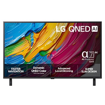 Vy framifrån av LG QNED80 TV, LG QNED Al-logotyp i det övre hörnet. LG QNED TV visar färgglada målarfärgtexturer som möts.