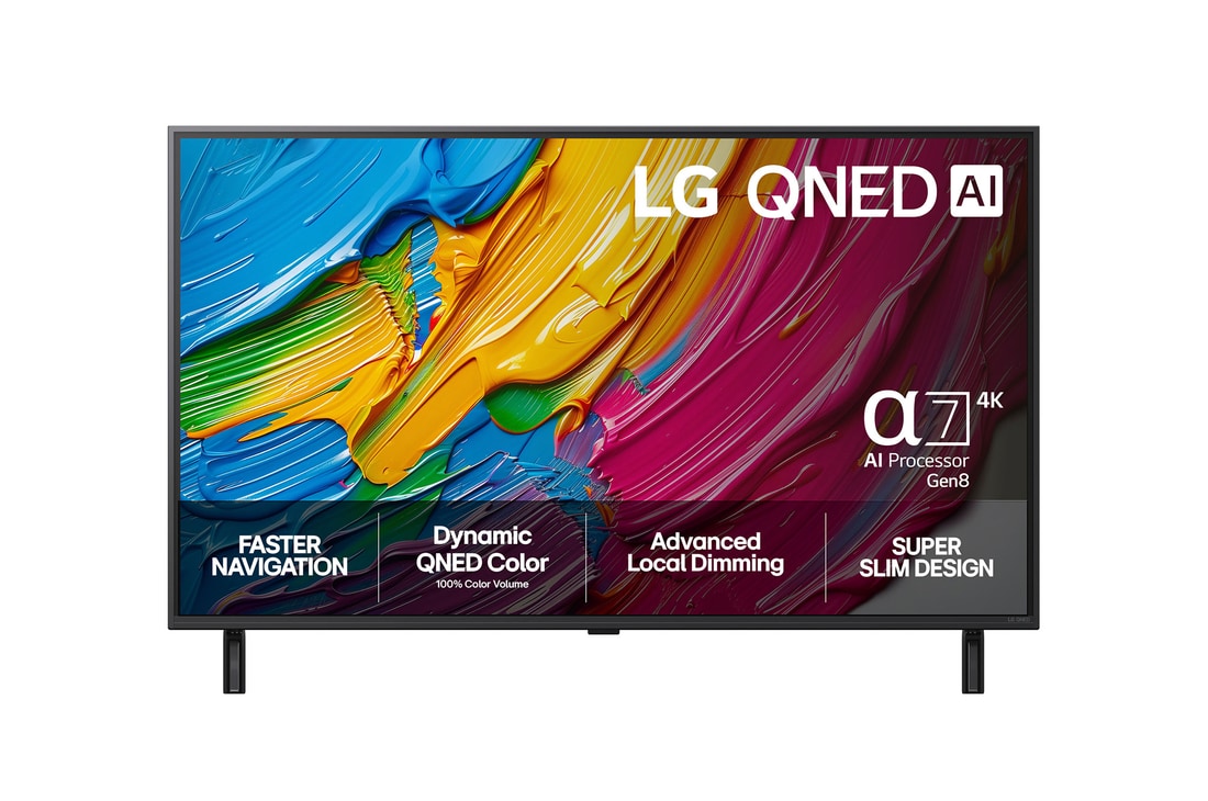 Vy framifrån av LG QNED80 TV, LG QNED Al-logotyp i det övre hörnet. LG QNED TV visar färgglada målarfärgtexturer som möts.