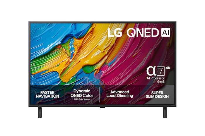 Vy framifrån av LG QNED80 TV, LG QNED Al-logotyp i det övre hörnet. LG QNED TV visar färgglada målarfärgtexturer som möts.