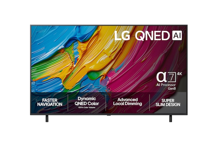 Vy framifrån av LG QNED80 TV, LG QNED Al-logotyp i det övre hörnet. LG QNED TV visar färgglada målarfärgtexturer som möts.
