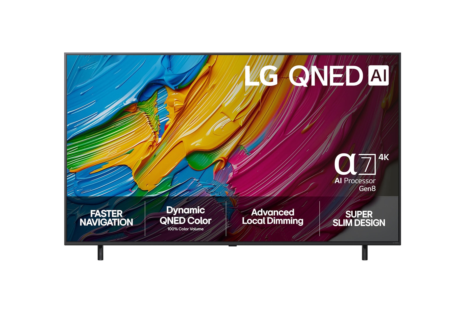 Vy framifrån av LG QNED80 TV, LG QNED Al-logotyp i det övre hörnet. LG QNED TV visar färgglada målarfärgtexturer som möts.