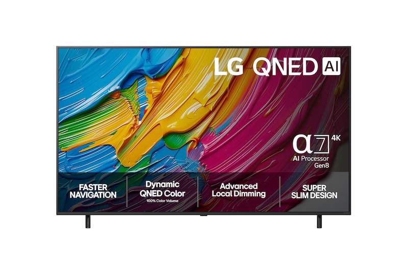 Vy framifrån av LG QNED80 TV, LG QNED Al-logotyp i det övre hörnet. LG QNED TV visar färgglada målarfärgtexturer som möts.