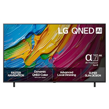 Vy framifrån av LG QNED80 TV, LG QNED Al-logotyp i det övre hörnet. LG QNED TV visar färgglada målarfärgtexturer som möts.