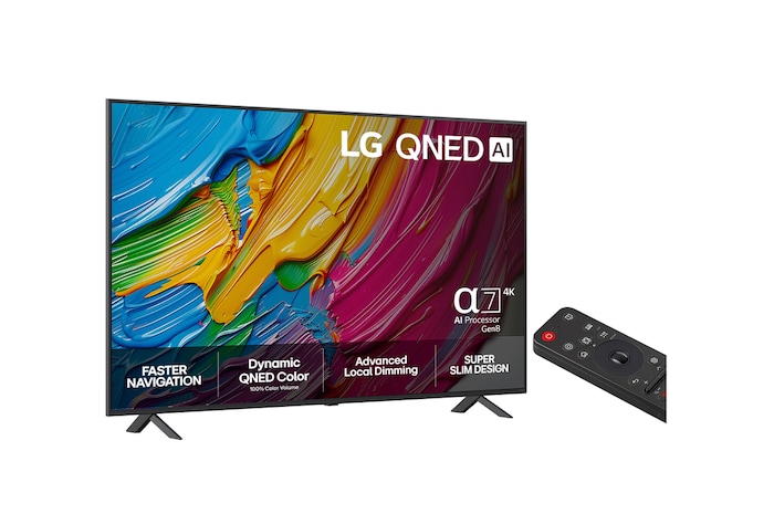 Vy från vänster av LG QNED80 TV 