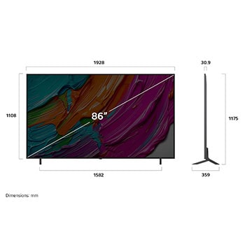 Vy framifrån och från sidan av LG QNED AI QNED80 4K Smart TV som visar dess längd, bredd, höjd och djupdimensioner.