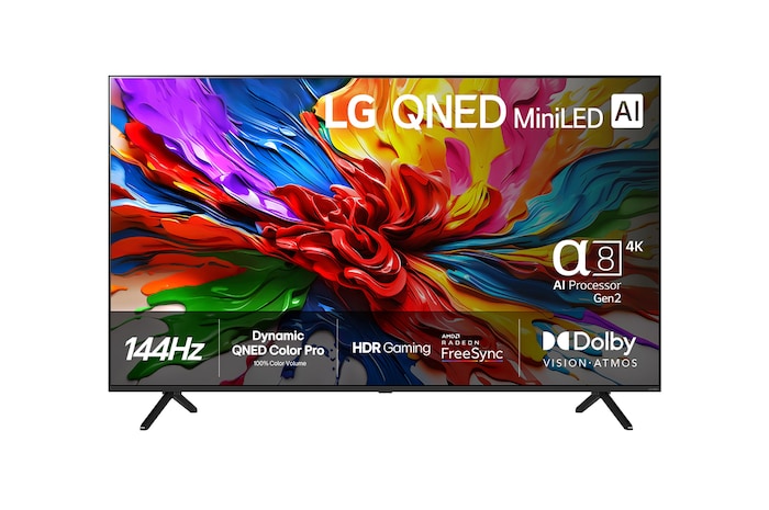 Vy framifrån av LG QNED evo QNED92 TV, LG QNED evo Al-logotypen i det övre hörnet. LG QNED evo TV avbildar färgglada, målade texturer som kommer samman.