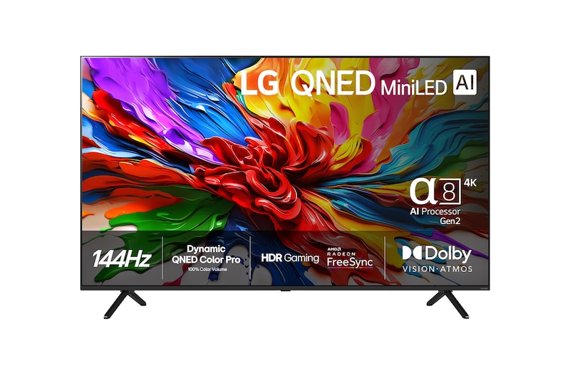 Vy framifrån av LG QNED evo QNED92 TV, LG QNED evo Al-logotypen i det övre hörnet. LG QNED evo TV avbildar färgglada, målade texturer som kommer samman.