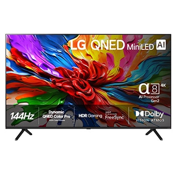 Vy framifrån av LG QNED evo QNED92 TV, LG QNED evo Al-logotypen i det övre hörnet. LG QNED evo TV avbildar färgglada, målade texturer som kommer samman.