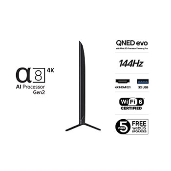 Vy från vänster av LG QNED evo QNED92 TV.
