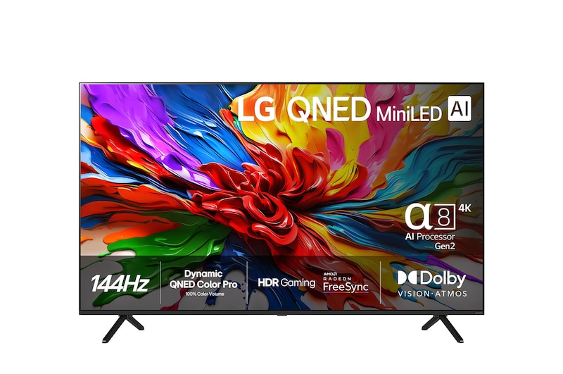 Vy framifrån av LG QNED evo QNED92 TV, LG QNED evo Al-logotypen i det övre hörnet. LG QNED evo TV avbildar färgglada, målade texturer som kommer samman.