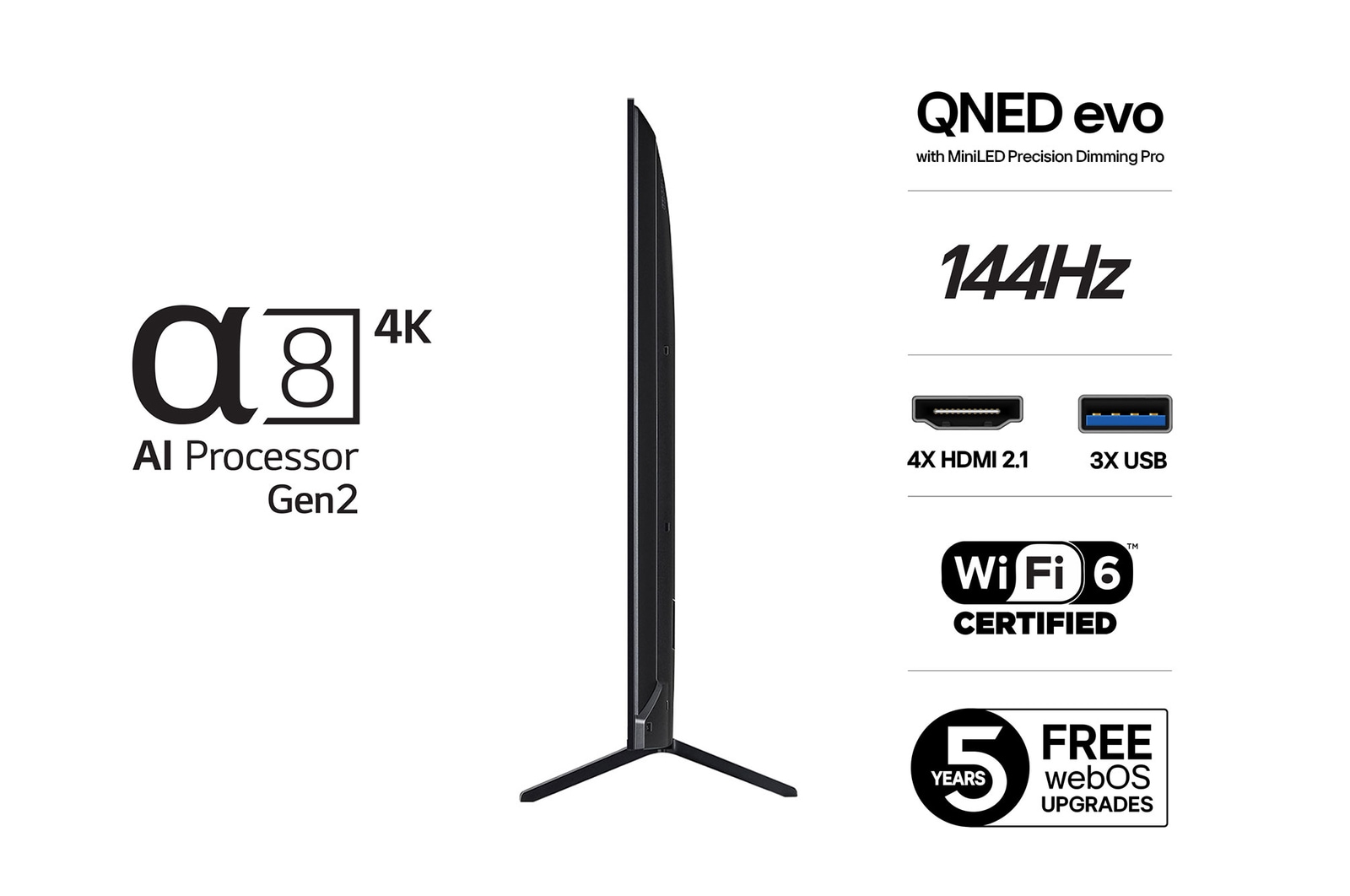 Vy från vänster av LG QNED evo QNED92 TV.