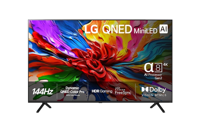 Vy framifrån av LG QNED evo QNED92 TV, LG QNED evo Al-logotypen i det övre hörnet. LG QNED evo TV avbildar färgglada, målade texturer som kommer samman.