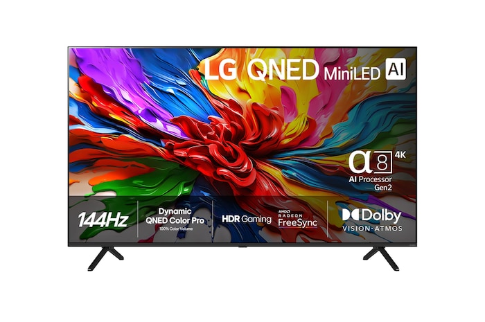 Vy framifrån av LG QNED evo QNED92 TV, LG QNED evo Al-logotypen i det övre hörnet. LG QNED evo TV avbildar färgglada, målade texturer som kommer samman.