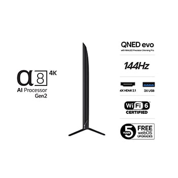 Vy från vänster av LG QNED evo QNED92 TV.