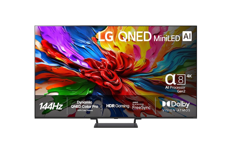 Vy framifrån av LG QNED evo QNED93 TV, LG QNED evo Al-logotypen i det övre hörnet. LG QNED evo TV visar färgglada målarfärgtexturer som möts.