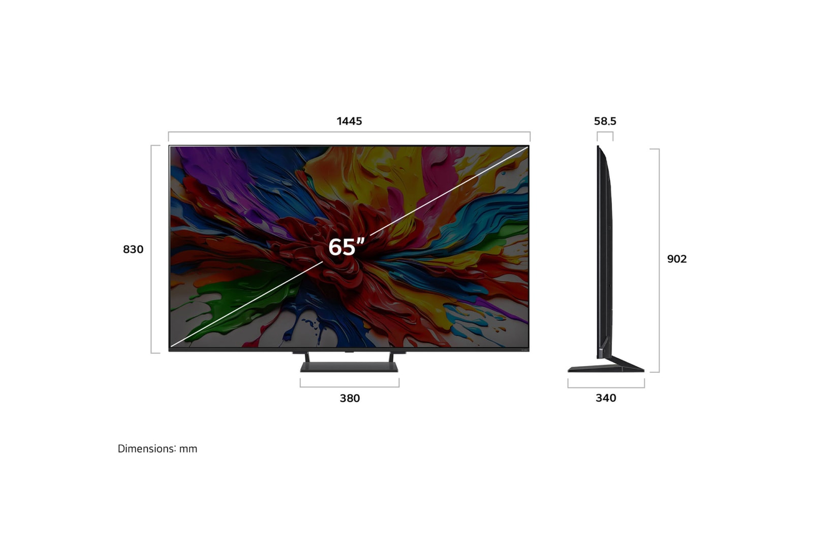 Vy framifrån och från sidan av LG QNED evo AI QNED93 4K Smart TV som visar dess längd, bredd, höjd och djupdimensioner.