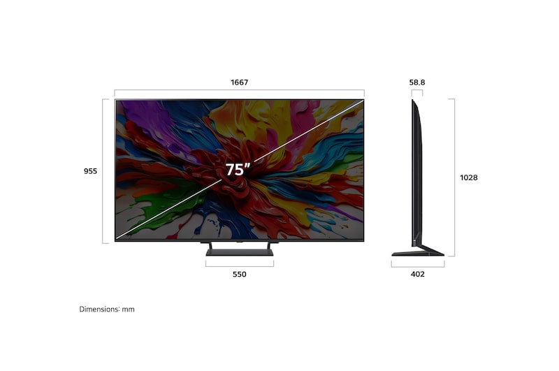 Vy framifrån och från sidan av LG QNED evo AI QNED93 4K Smart TV som visar dess längd, bredd, höjd och djupdimensioner.