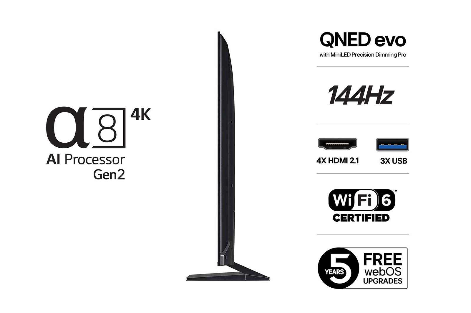Vy från vänster av LG QNED evo QNED93 TV.