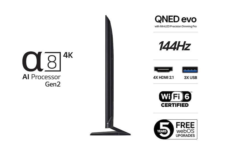 Vy från vänster av LG QNED evo QNED93 TV.