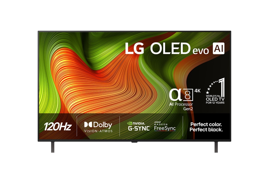 Vy framifrån av LG OLED AI B5 4K Smart TV. Emblemet 12 år som världens ledande OLED och logotypen LG OLED AI 2025 visas på skärmen.