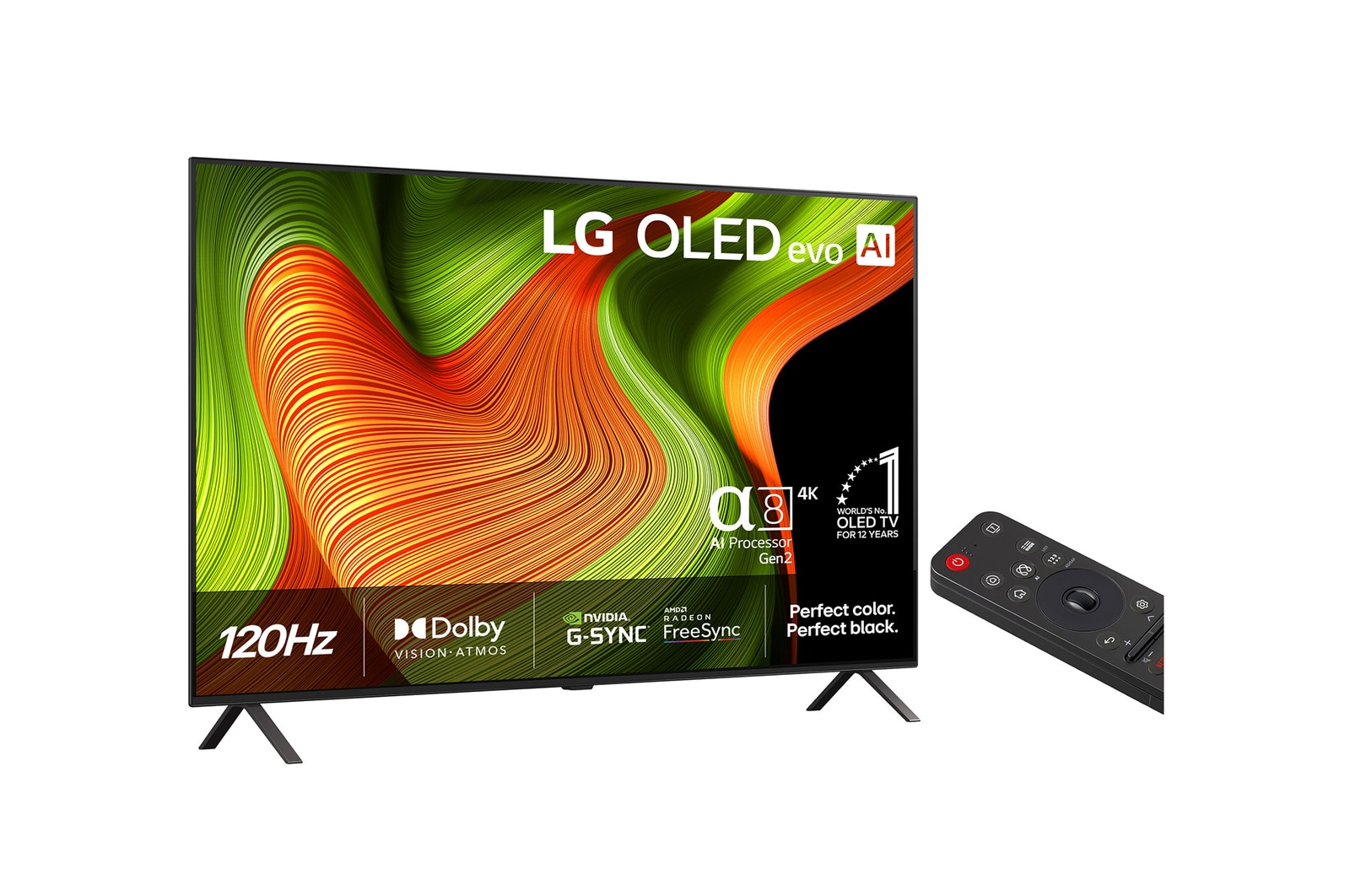 Något vinklad vy av LG OLED evo AI B5 4K Smart TV.