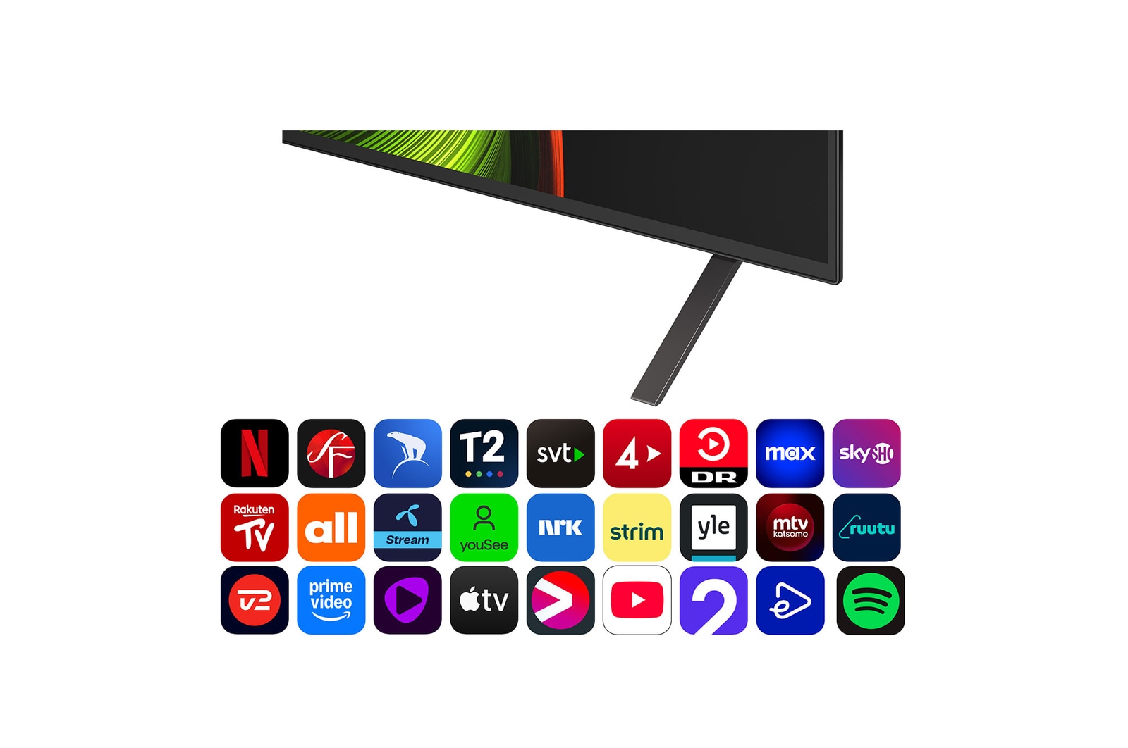 Vy framifrån och från sidan av LG OLED AI B5 4K Smart TV som visar dess längd, bredd, höjd och djupdimensioner.