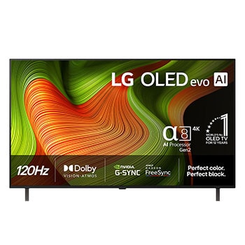 Vy framifrån av LG OLED AI B5 4K Smart TV. Emblemet 12 år som världens ledande OLED och logotypen LG OLED AI 2025 visas på skärmen.