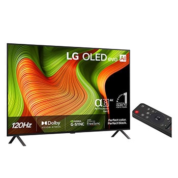 Något vinklad vy av LG OLED evo AI B5 4K Smart TV.