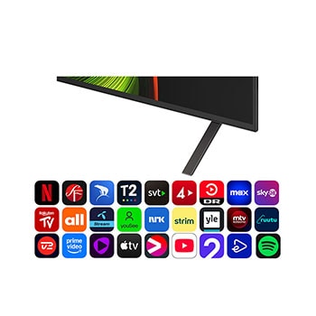 Vy framifrån och från sidan av LG OLED AI B5 4K Smart TV som visar dess längd, bredd, höjd och djupdimensioner.