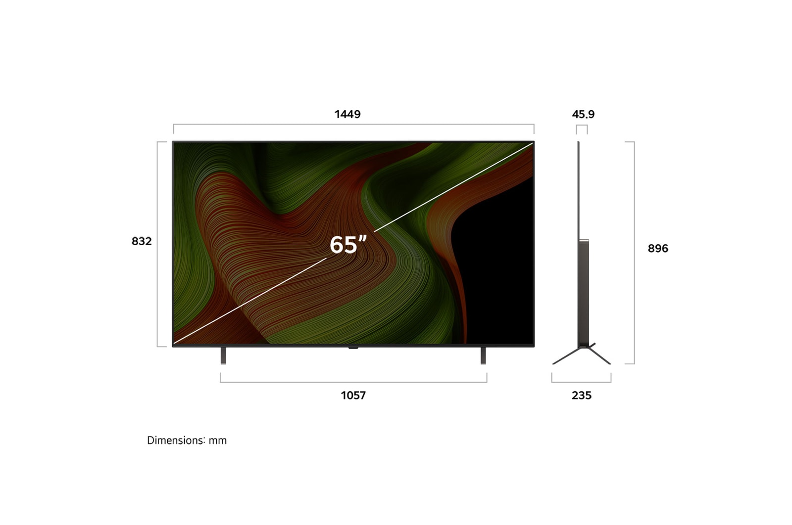 Vy framifrån och från sidan av LG OLED AI B5 4K Smart TV som visar dess längd, bredd, höjd och djupdimensioner.