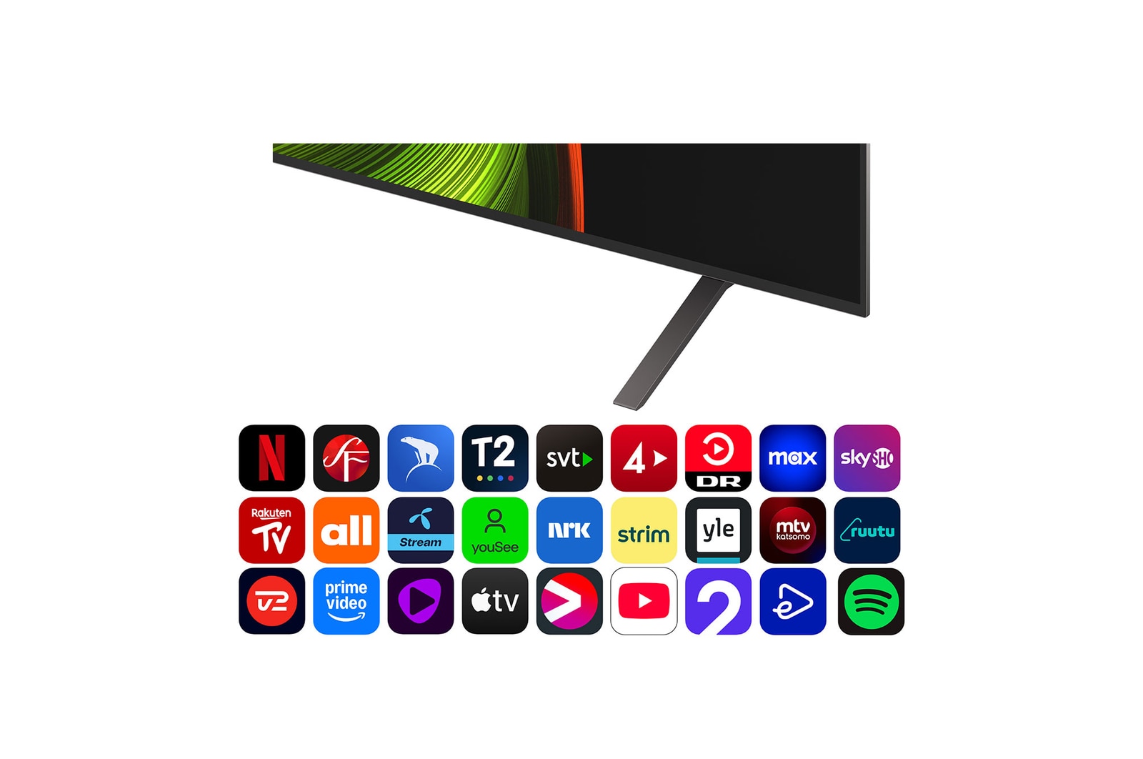 Vy framifrån och från sidan av LG OLED AI B5 4K Smart TV som visar dess längd, bredd, höjd och djupdimensioner.