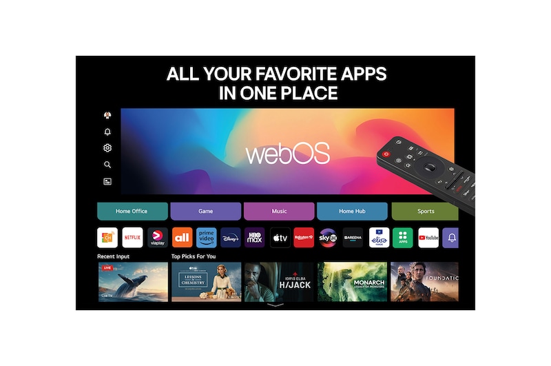 Vardagsrum med en väggmonterad LG OLED TV. På TV:n visas en bergskedja mot en mörk kvällshimmel fylld av stjärnor. Den här scenen är delad på mitten för att visa hur Perfect Black levererar äkta svärtor oavsett om det är ljust eller mörkt omkring dig. Den ena sidan av scenen visar en mattare, gråare version av landskapet med texten Icke-perfekta svärtor. Den andra sidan visar en mer tilltalande bild med ett större dynamiskt omfång av svärtor och högdagrar. Denna har texten Perfect Black-skärm. Logotypcertifiering syns också, Perfect Black-teknik levererar svärtor mörkare än eller lika med 0,24 nit upp till 500 lux. En textbubbla vid dess sida lyder Kontrollera Perfect Black-certifieringsmärket. 