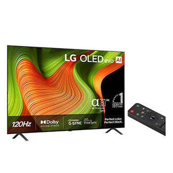 Något vinklad vy av LG OLED evo AI B5 4K Smart TV.