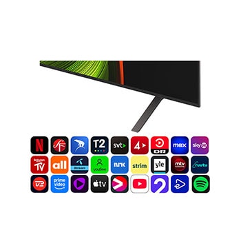 Vy framifrån och från sidan av LG OLED AI B5 4K Smart TV som visar dess längd, bredd, höjd och djupdimensioner.